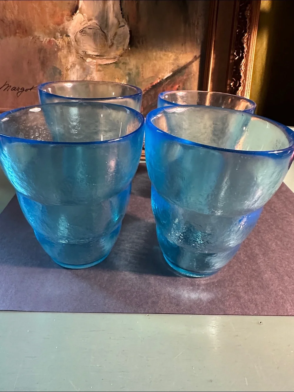 4 blue glass 4” drinking glass set of 4